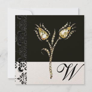 DIAMOND TULIPS , Black and Gold  Damask Monogram Announcement