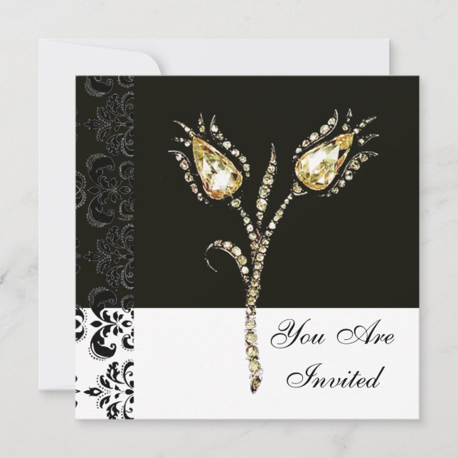 DIAMOND TULIPS , Black and White Damask Invitation (Front)