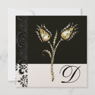 DIAMOND TULIPS , Black and White Damask Monogram Announcement