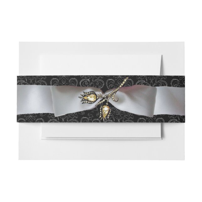 DIAMOND TULIPS Black White Damask Ribbon Invitation Belly Band (Front Example)