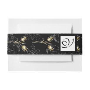 DIAMOND TULIPS Black White Damask Square Monogram Invitation Belly Band