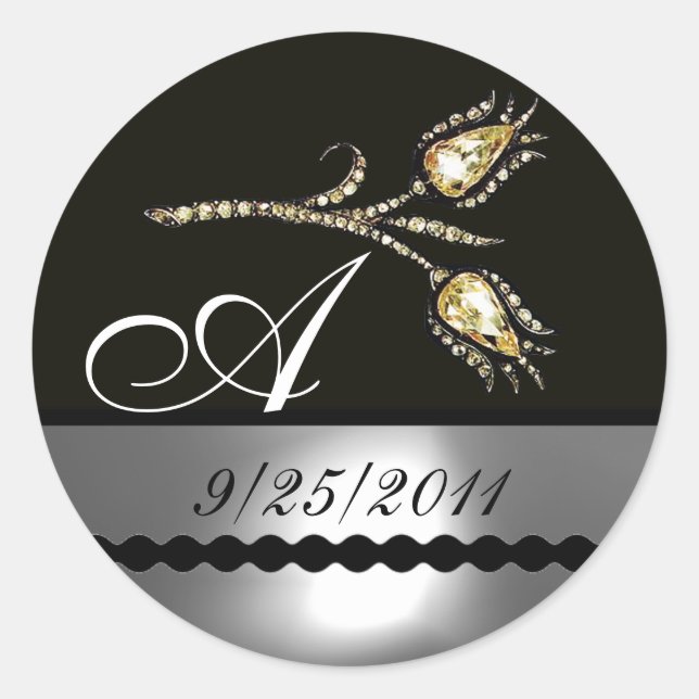 DIAMOND TULIPS BLACK WHITE GREY MONOGRAM CLASSIC ROUND STICKER (Front)