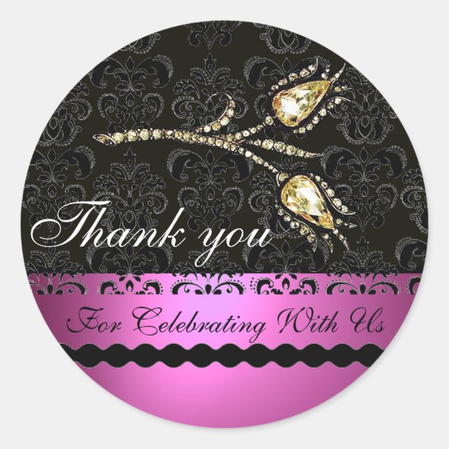 DIAMOND TULIPS BLACK WHITE PINK DAMASK,Thank you Classic Round Sticker (Front)