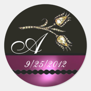 DIAMOND TULIPS BLACK WHITE PINK FUCHSIA MONOGRAM CLASSIC ROUND STICKER