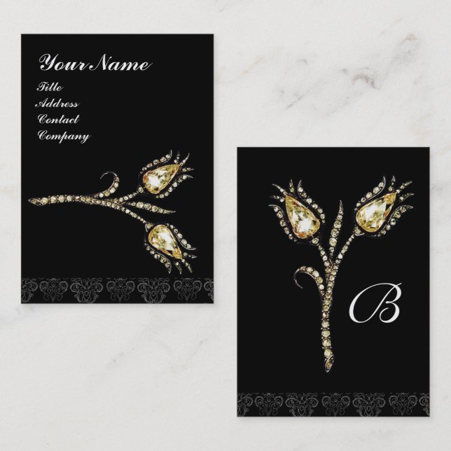 DIAMOND TULIPS DAMASK MONOGRAM ,Black & White Business Card (Front/Back)