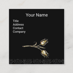 DIAMOND TULIPS DAMASK MONOGRAM ,Black & White Square Business Card