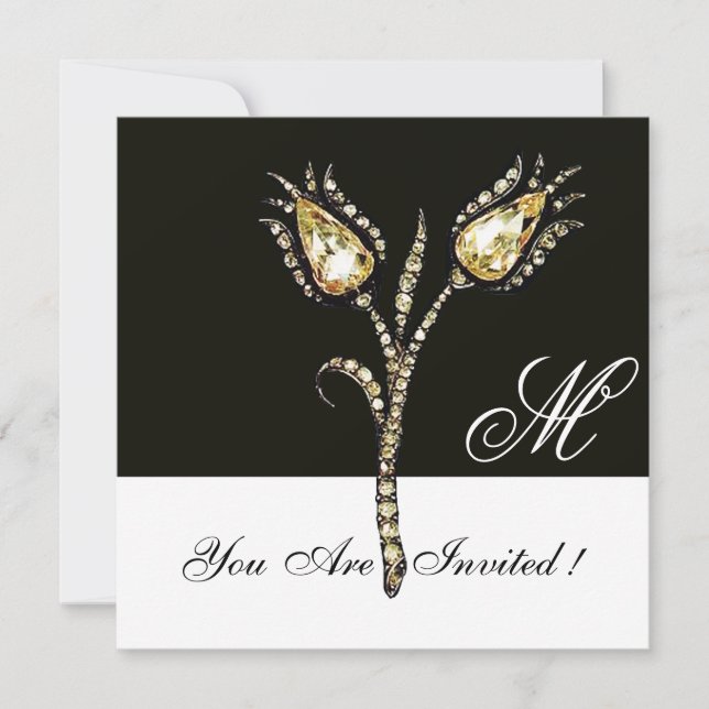 DIAMOND TULIPS MONOGRAM ,Black and White Invitation (Front)