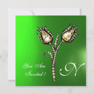 DIAMOND TULIPS MONOGRAM ,Green Emerald Invitation