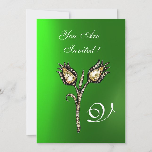 DIAMOND TULIPS MONOGRAM ,Green Emerald Invitation (Front)