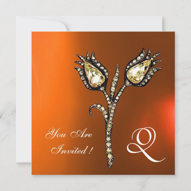 DIAMOND TULIPS MONOGRAM ,Orange Grey Agate Invitation (Front)