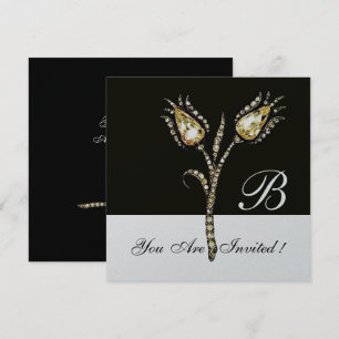 DIAMOND TULIPS MONOGRAM ,Silver Metallic Invitation