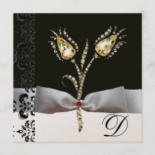 DIAMOND TULIPS ,Pink Black White Damask Monogram Announcement