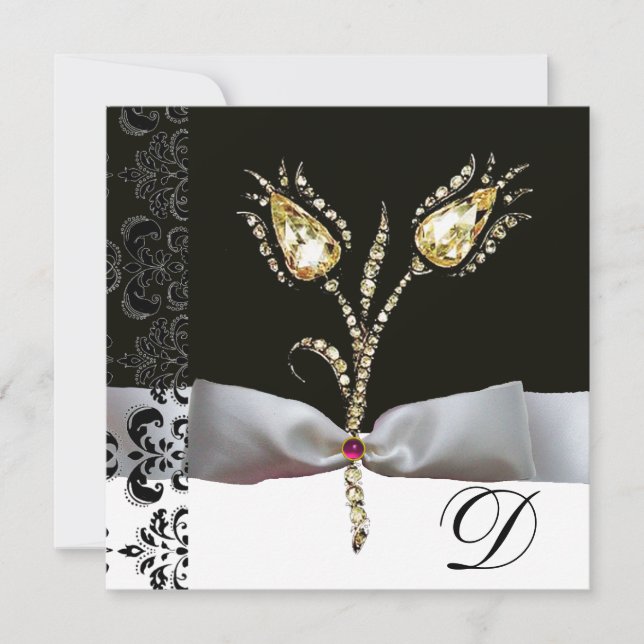 DIAMOND TULIPS ,Pink Black White Damask Monogram Announcement (Front)