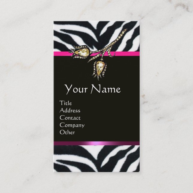 DIAMOND TULIPS PINK BLACK WHITE ZEBRA FUR MONOGRAM BUSINESS CARD (Front)