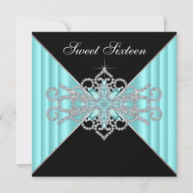 Diamond Turquoise Blue and Black Sweet 16 Birthday Invitation (Front)