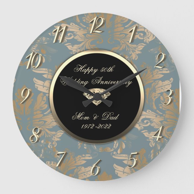  Diamond Vintage Damask 50th Wedding Anniversary  Large Clock (Front)