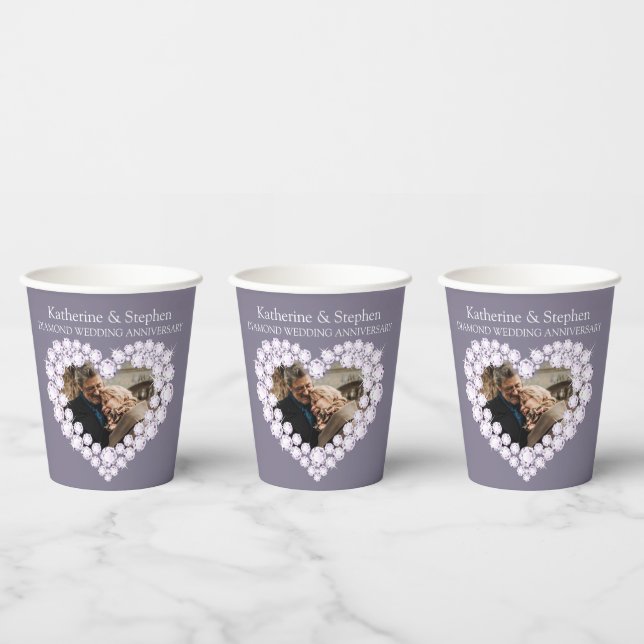 Diamond wedding anniversary 60th photo grey paper cups (Multi)