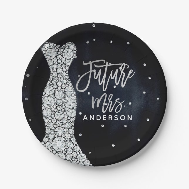Diamond Wedding Dress Modern Blue Bridal Shower Paper Plate (Front)