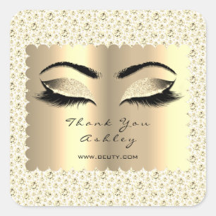 Diamond White Glitter Gold Lash Eyes Thank You Square Sticker