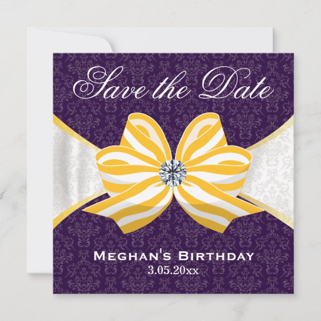 Diamond Yellow Ribbon with Purple Damask Pattern Save The Date (Front)