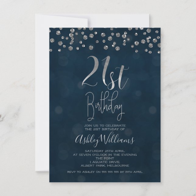 Diamonds and Faux Silver 21st Birthday Invitation (Front)