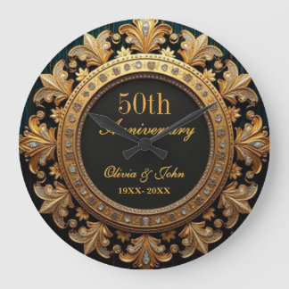 Diamonds And Gold 50th Wedding Anniversary Large Clock
