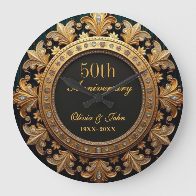 Diamonds And Gold 50th Wedding Anniversary Large Clock (Front)