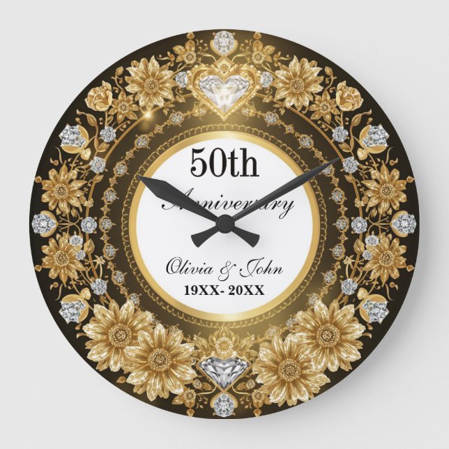 Diamonds And Gold 50th Wedding Anniversary Large Clock (Front)