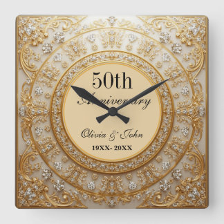 Diamonds And Gold 50th Wedding Anniversary Square Wall Clock