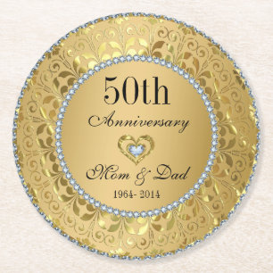 Diamonds And Gold Damask. 50th Wedding Anniversary Round Paper Coaster