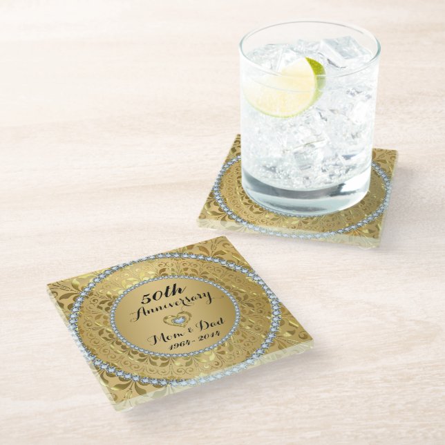 Diamonds And Gold Floral. 50th Wedding Anniversary Glass Coaster (Angled)