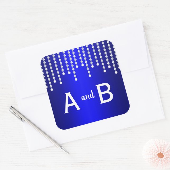 Diamonds and Pearls Blue Wedding Square Sticker (Envelope)