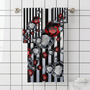Diamonds and Rubies on Black and Silver Stripes Bath Towel Set