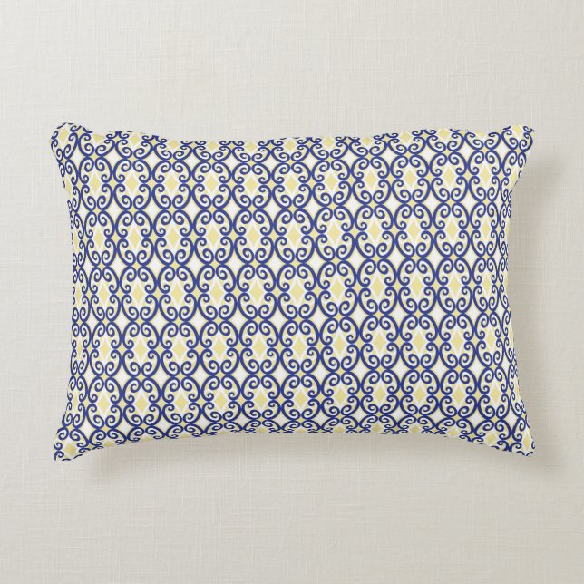Diamonds and Swirls Yellow Blue White Pattern Accent Pillow (Front)