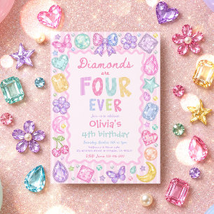 Diamonds Are Four Ever Whimsical Gem 4th Birthday Invitation