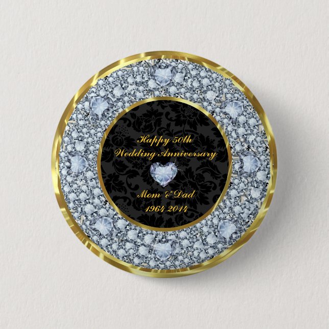 Diamonds, Black & Gold 50th Wedding Anniversary 2 Inch Round Button (Front)