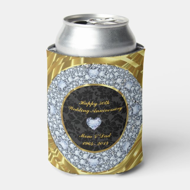 Diamonds, Black & Gold 50th Wedding Anniversary Can Cooler (Can Front)