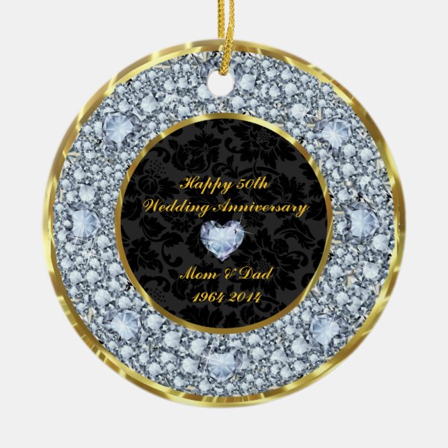 Diamonds, Black & Gold 50th Wedding Anniversary Ceramic Ornament (Front)