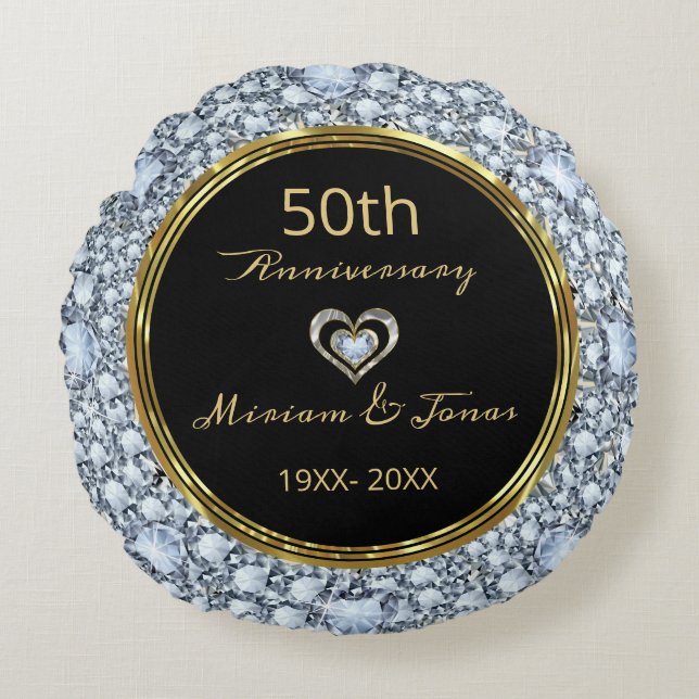Diamonds, Black & Gold 50th Wedding Anniversary Round Pillow (Front)