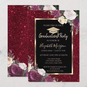 Diamonds Burgundy Flowers Red Glitter Graduation  Invitation