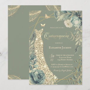 Diamonds Dress Flowers Butterflies Sage Green  Invitation