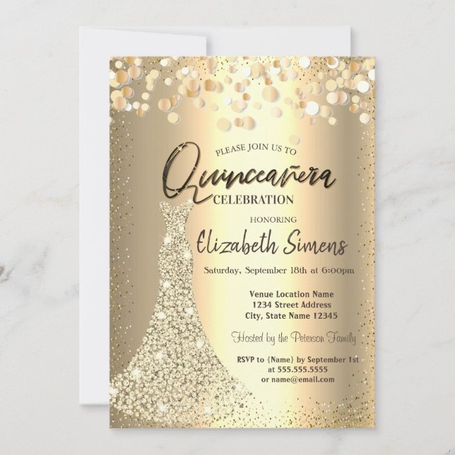 Diamonds Dress,Gold Confetti Quinceañera Invitation (Front)