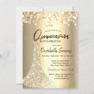 Diamonds Dress,Gold Confetti Quinceañera Invitation
