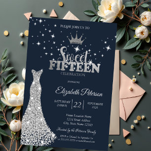  Diamonds Dress Stars Navy Blue Quinceañera  Invitation
