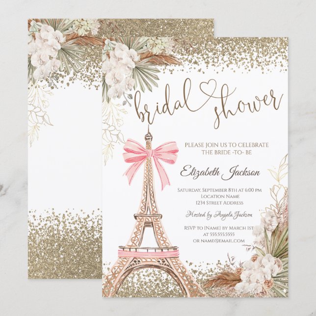  Diamonds Eiffel Tower Bow Flowers Bridal Shower  Invitation (Front/Back)