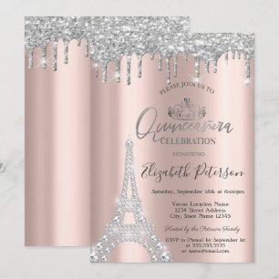 Diamonds Eiffel Tower,Drips Silver Quinceañera Invitation