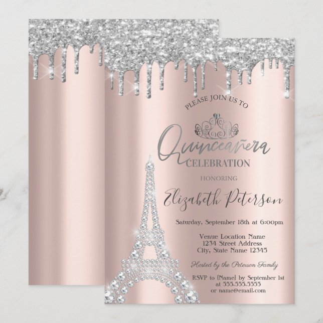 Diamonds Eiffel Tower,Drips Silver Quinceañera Invitation (Front/Back)