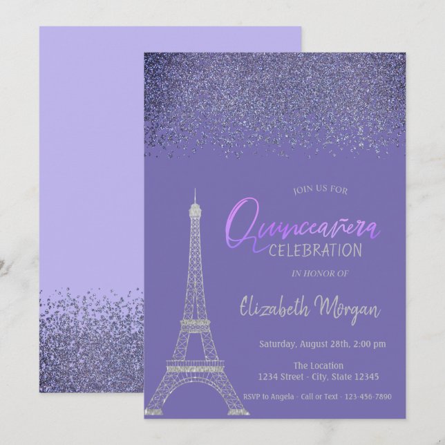  Diamonds,Eiffel Tower Light Purple Quinceañera Invitation (Front/Back)