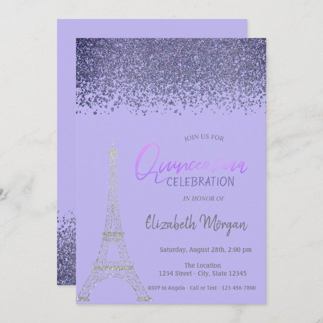  Diamonds,Eiffel Tower Light Violet Quinceañera Invitation (Front/Back)