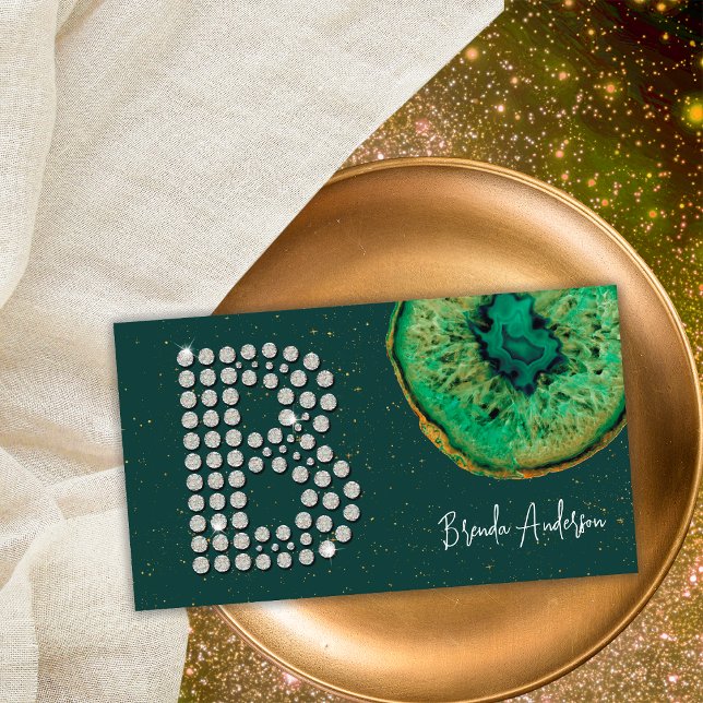 Diamonds Emerald Agate Initial B Letter Monogram Business Card (Front)